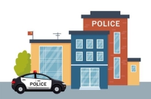 Внешний вид здания полицейского участка с полицейской машиной. фасад дома  гувд и автомобиль | Премиум векторы